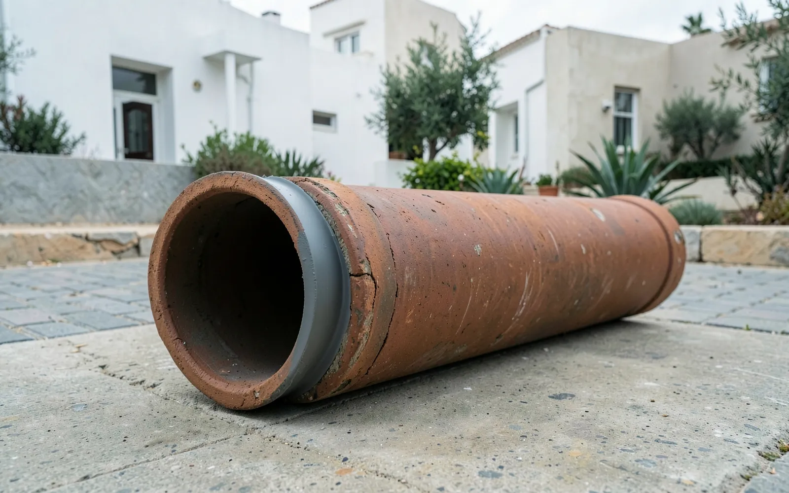 קטע של צינור ביוב ישן מחרס, ובקצהו נראה השרוול האפור שבתוכו