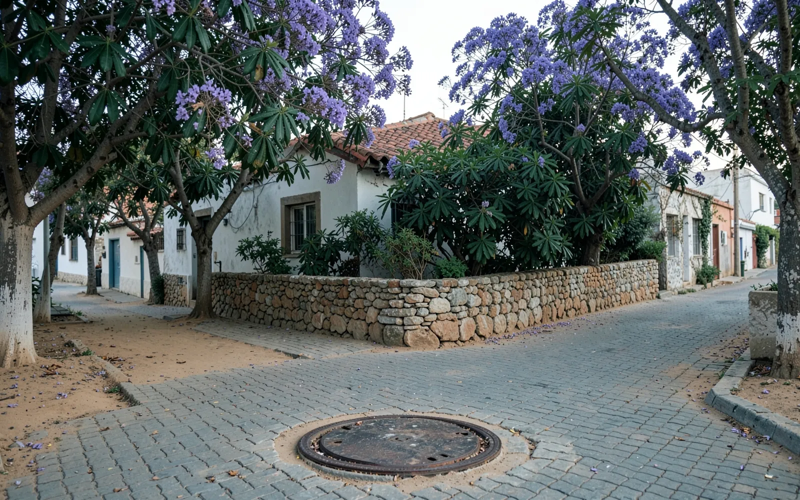 רחוב מגורים ותיק עם עצים בוגרים, בית נמוך מאחורי גדר אבן ומכסה ביוב עגול במדרכה