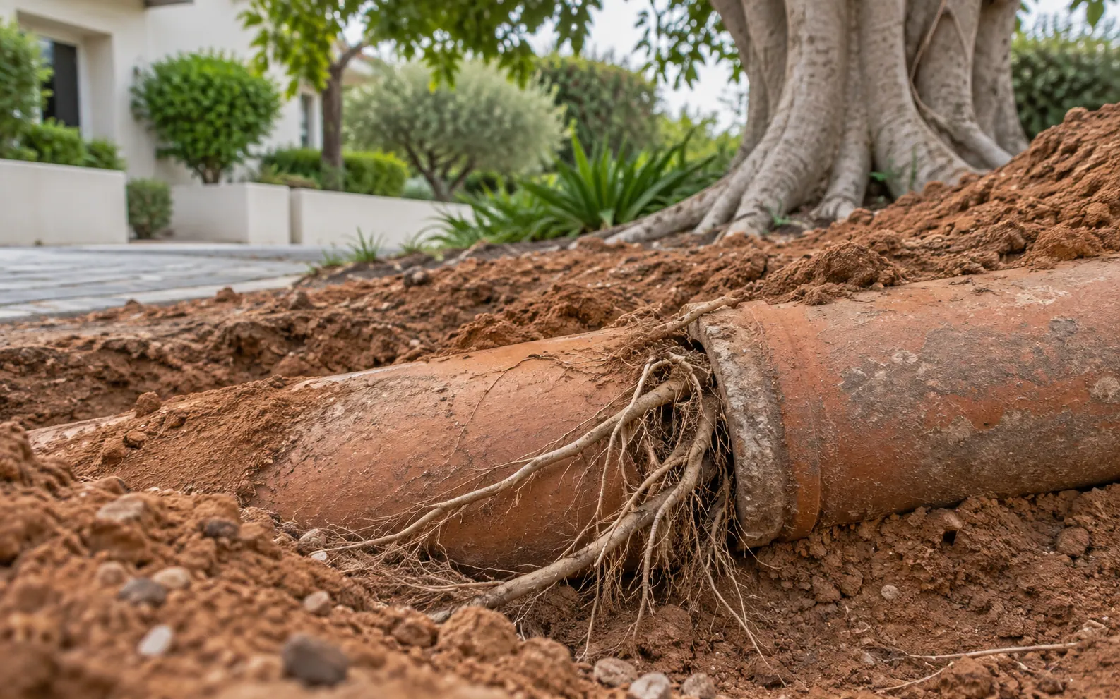 קטע של צינור ביוב חרס ישן חשוף באדמה, ושורשים דקים יוצאים מהחיבור בין שתי חוליות