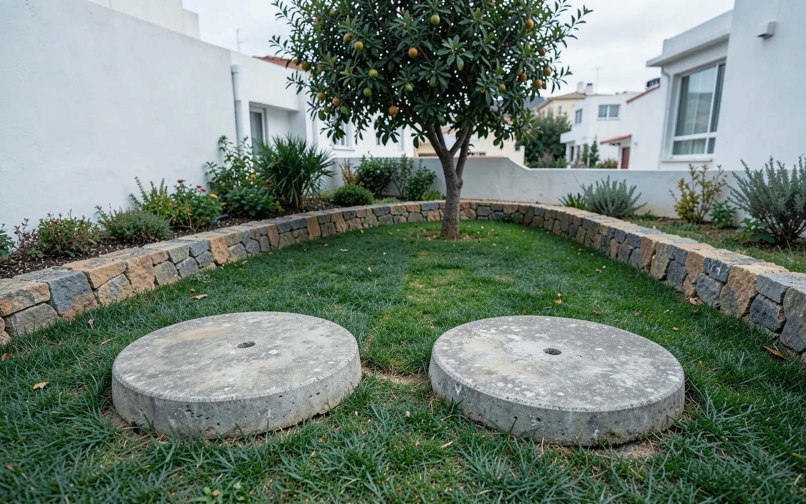 שני מכסי בטון עגולים זה לצד זה בגינה של בית פרטי: בור הרקב ובור הספיגה שאחריו